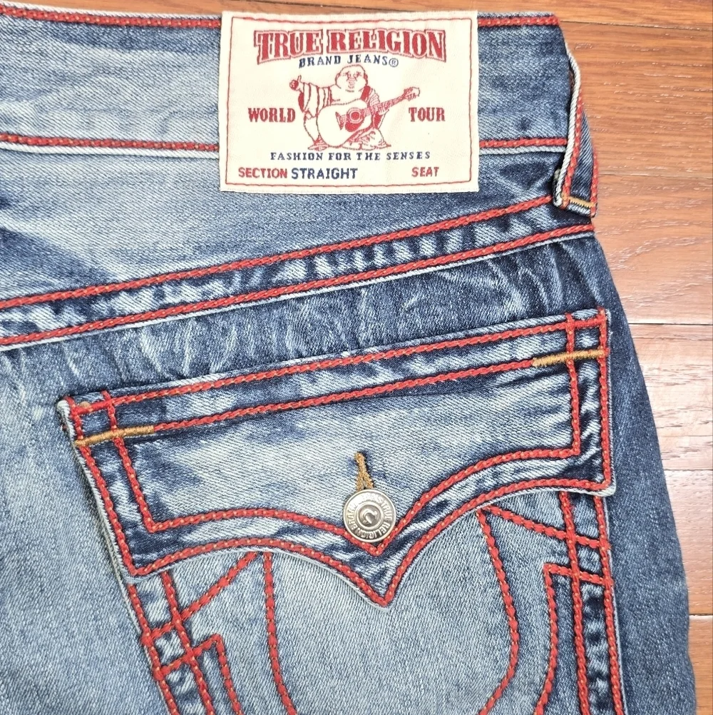 True Religion Ricky Exposed Red Chainstitch Straight Flap Jeans Men's Sz. 36